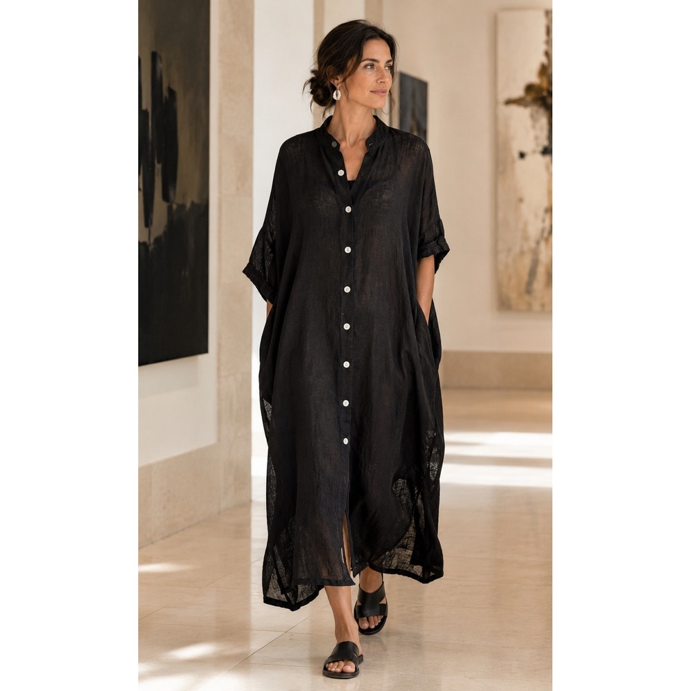 Vitamin A Black 100% Linen Oversized Shirt Dress Large Lagenlook Cocoon Midi